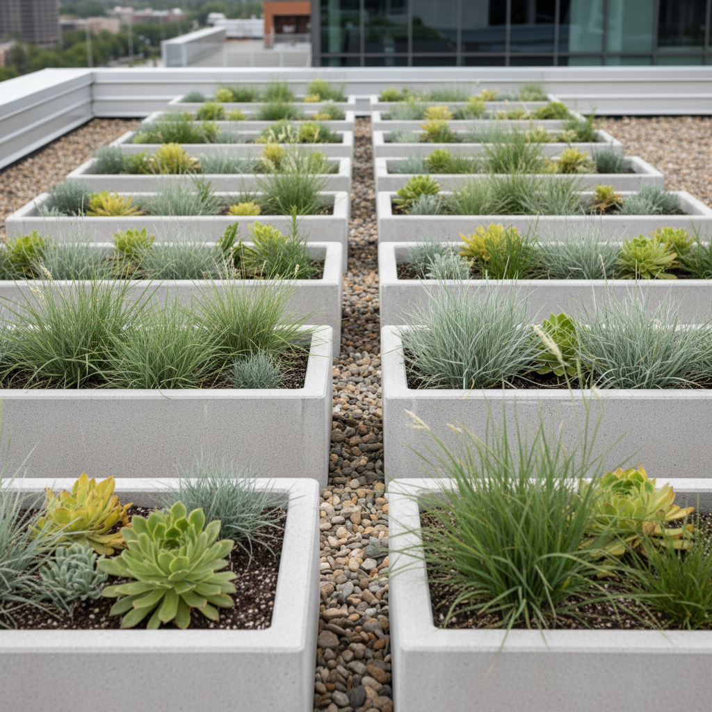 A close-up view of a structured, eco-friendly green roof system, featuring robust rectangular planters made from light-gray recycled composite materials set in parallel rows. Native grasses and hearty succulents display soft green and silvery hues, their textures sharply defined against the planters' smooth finish. The setting is atop a modern commercial building, with neutral-toned gravel surrounding the planters. Soft diffused daylight gently illuminates the scene, enhancing natural colors and casting subtle shadows. The composition is symmetrical and orderly, shot at eye level for clarity. The atmosphere is calm, reflecting a professional commitment to sustainability and innovative construction practices.