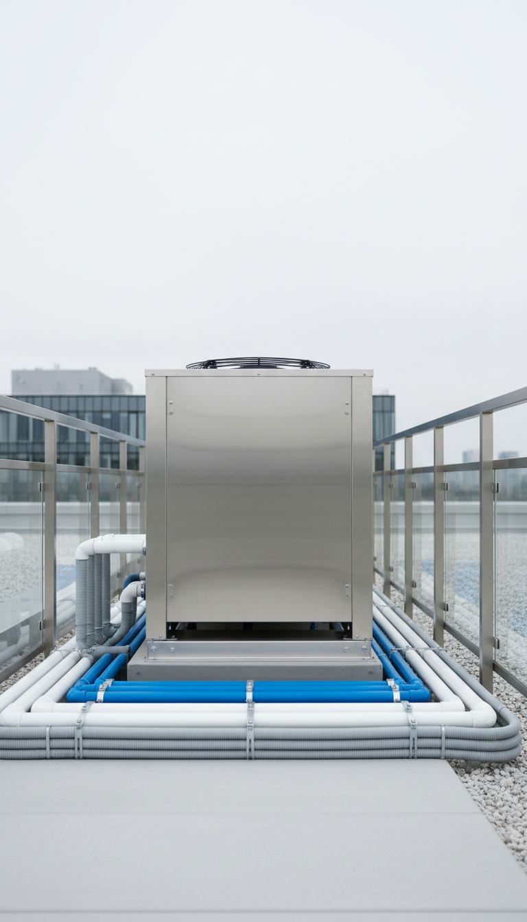 A high-efficiency HVAC unit encased in a crisp, brushed stainless steel shell, mounted with precision among tidy electrical conduits and insulated piping on a brilliantly clean rooftop service deck. The surrounding environment is composed of minimalist gravel and gleaming safety rails in matte silver, presented in neutral tones. Overcast daylight provides even illumination, minimizing harsh shadows and emphasizing the unit's sleek geometry. Framed with centered composition from a low angle, the image exudes a sense of technical excellence and meticulous planning, suited for a business with a focus on sustainable contracting and environmental technologies.