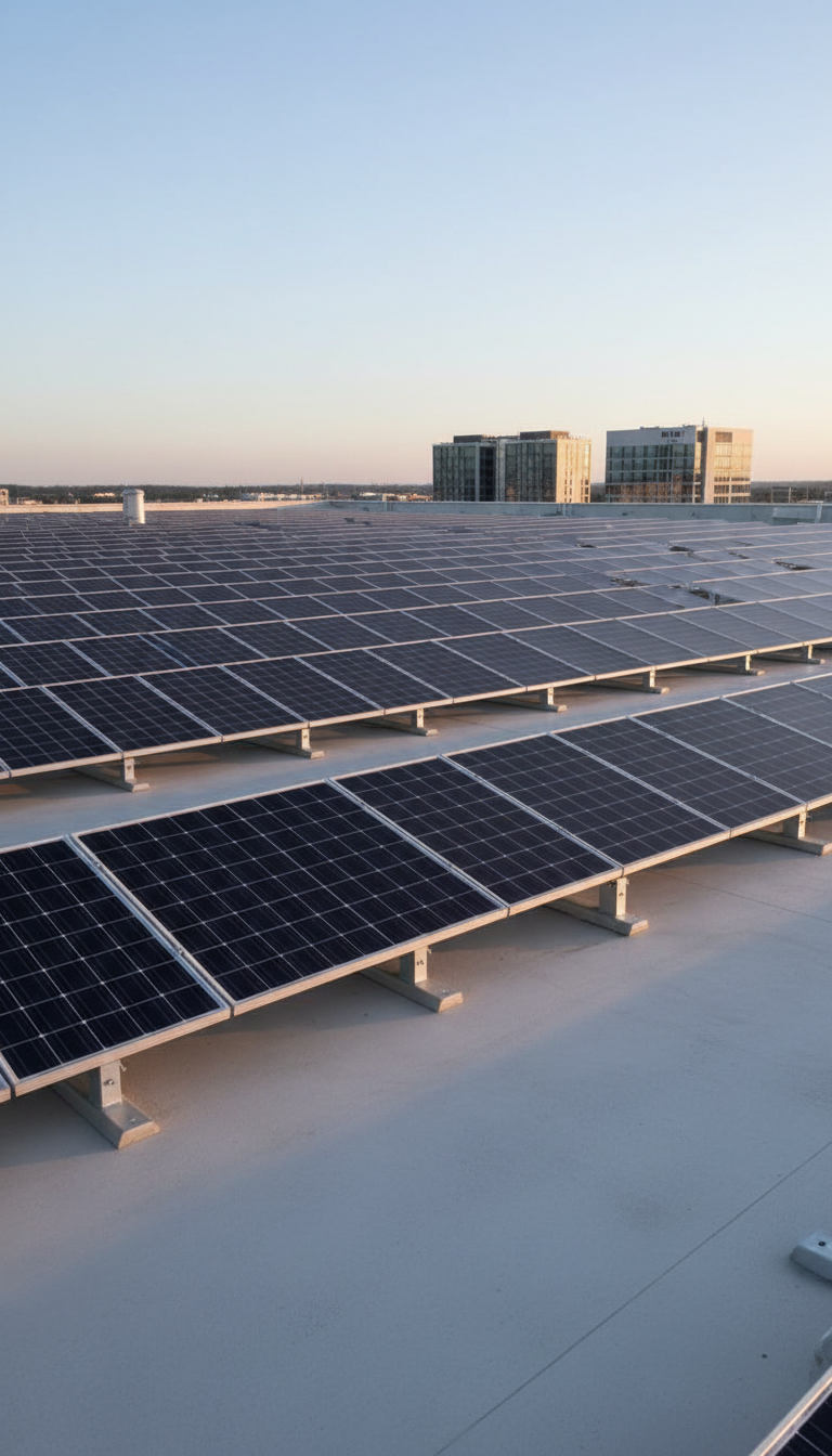 A meticulously organized, modern solar panel array composed of sleek, deep-blue photovoltaic cells, each panel bordered by slim metallic frames with a subtle matte finish. The array is installed on a flat, pristine concrete rooftop with clean lines and visible structural supports. Low afternoon sunlight casts gentle, elongated shadows, highlighting the reflective surfaces and geometric precision of the installation. The overall mood is professional and forward-thinking, with a sense of environmental responsibility. Captured from a slightly elevated angle, the image features balanced composition and sharp focus throughout, exemplifying photographic realism within a clean, corporate aesthetic. Perfect for portraying sustainable technology in contracting services.