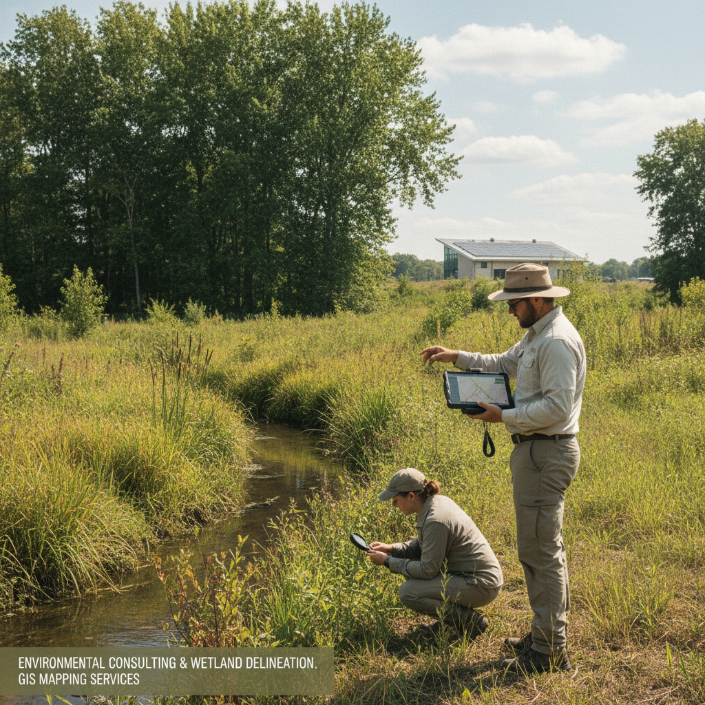 A natural, organic-looking square photograph showing an environmental field crew working outdoors: one person using a GPS unit and tablet to map wetlands near a small stream, with tall grasses, trees in the background, and a solar array or green building faintly visible in the distance. Shot in soft, natural daylight, realistic colors, looks like a real photo rather than digital art or illustration. Represents environmental consulting, GIS mapping, and wetland delineation services.